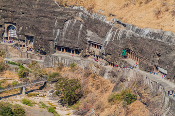 AJANTA, INDIA - FEBRUARY 6, 2017: Buddhist caves carved into a cliff in Ajanta, Maharasthra state, India