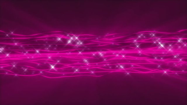Hot pink abstract seamless background motion loop features a pattern of glowing wavy lines with sparkling sprites flowing over a dark background.