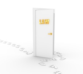 Human footprints bypass the door with the inscription law. 3D rendering