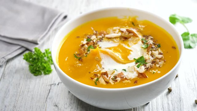 pumpkin soup with cream and nuts