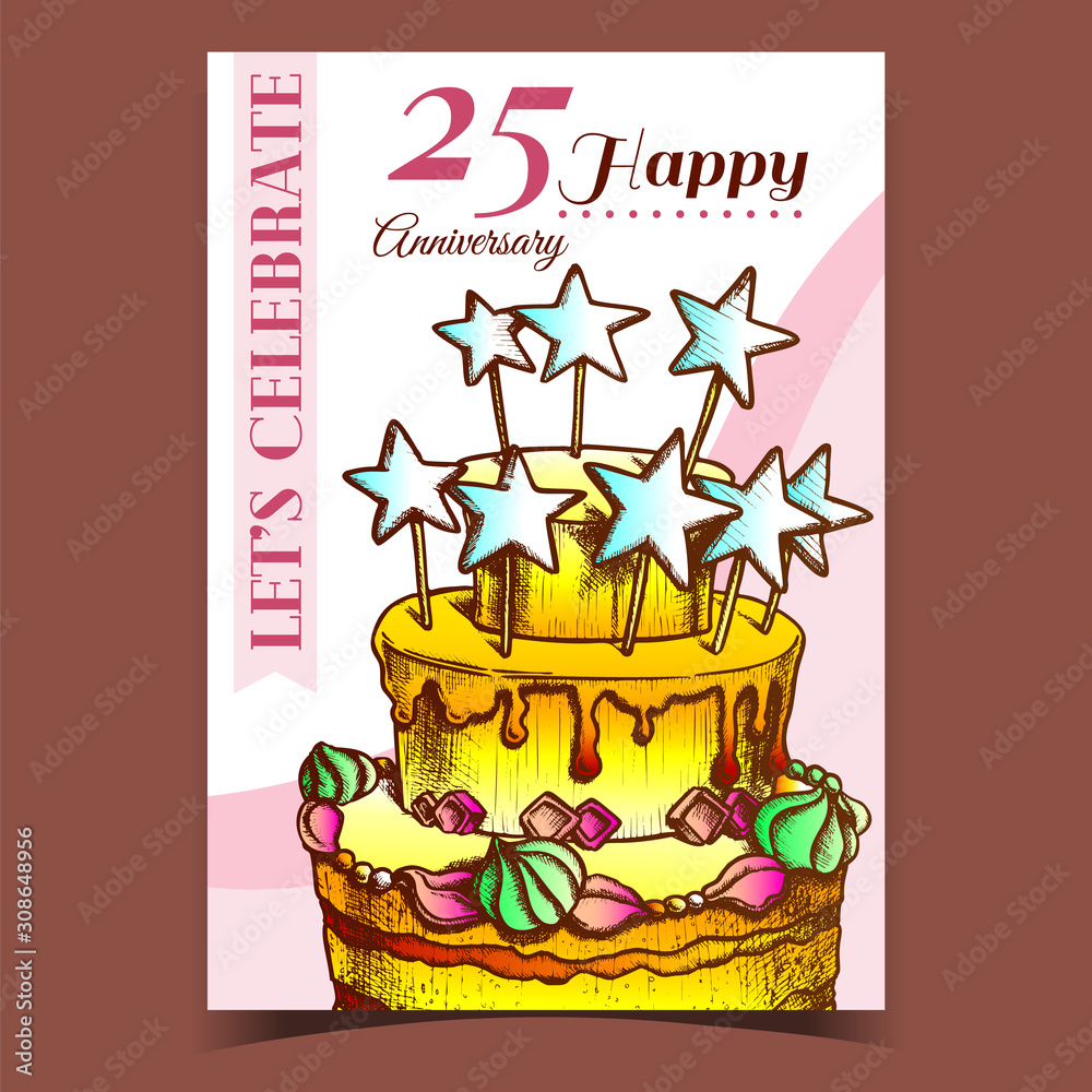 Wall mural birthday cake decorated with stars poster vector. anniversary happy birthday celebrate pie with orna