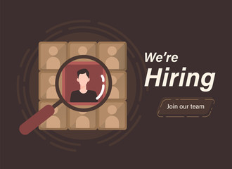 We are hiring concept with magnifying glass and employee candidate illustration