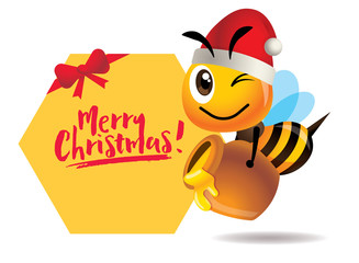 Merry Christmas. Cartoon cute bee carries honey pot with big Merry Christmas greeting signboard - vector