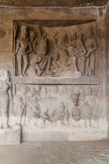 ELLORA, INDIA - FEBRUARY 7, 2017: Carvings in a cave monastery in Ellora, Maharasthra state, India