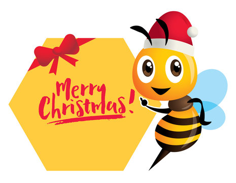 Merry Christmas. Cartoon cute bee pointing to honeycomb signboard with Merry Christmas lettering - Vector character illustration isolated