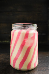 chocolate fruit butter duo topping (dessert, white chocolate and berries, strawberries) menu concept. food background. top view. copy space