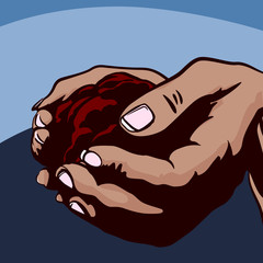 Soil in the palms. Vector image.