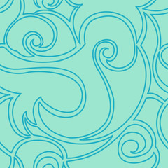 Seamless turquoise vector pattern of spirals and waves. The texture in a linear style for textiles and packaging.