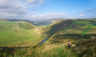 A female hiker walking towards Coquet river at Upper Coquetdale in Northumberland, England.