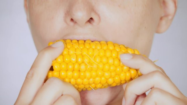 lower face caucasian female with freckles eats corn portrait lady bites and chews
