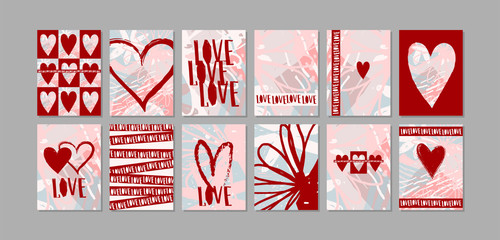 Love. Big set of modern romantic designer mockups. Pink and red poster with heart and text for wedding, cards, Valentine's day, invitation, birthday. Flat stock vector illustration