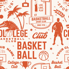 Basketball club seamless pattern or background. Vector. Seamless sport pattern with basketball ball, basket, hoop and player silhouette. Basketball sport club texture. © sivvector