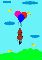 Cute cartoon dog with balloons vector on sky and cute little birds 