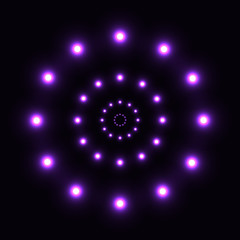 Series of purple circle arches from round lamps in perspective. Lighted passage, luminous road. Futuristic glowing electric graphic design. Vector isolated illustration on dark background