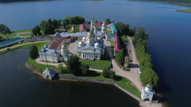 Flight over the old Nilo-Stolobenskaya desert, Sunny August day (aerial video). Tver region, Russia