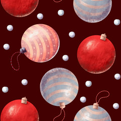 seamless Merry Christmas and happy new year pattern with Christmas toys on burgundy background	