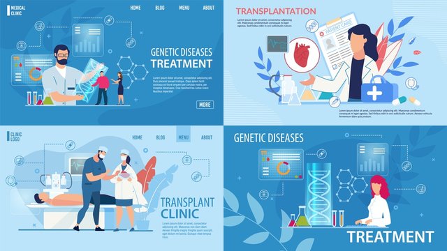 Genetic Disease Determination, Therapy. Transplantation, Life Saving. Flat Landing Page in Trendy Medical Design Set. Treatment and Health Insurance. Laboratory, Clinic. Vector Cartoon Illustration