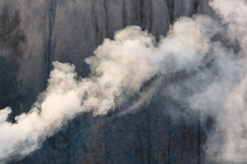 Smoke from the chimney of a house at dawn of the sun