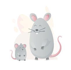 Two mouse look at each other. Animals mom and baby. Cartoons cute animals in flat style. Print for clothes. Vector illustration