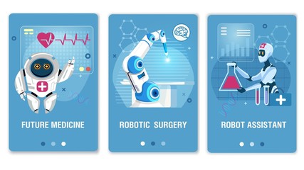 Future Medicine Healthcare Robotic Technology Mobile Webpage Set. Flat Landing Page for Medical Social Media Network. Online Service for Consultation and Treatment. Vector Cartoon Illustration
