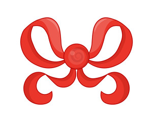 Decorative red bow with ribbon. Vector bow for page decor isolated. Girl bows on hair or gifts decorating. Isolated vector on white background