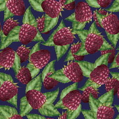 seamless pattern bright ripe raspberries with green leaves on dark background