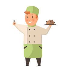 Child in a cook cap holding dish with food. Logo design template for baby food. Character child baker illustration