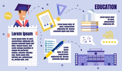 University Education Flat Vector Infographics or Scheme, Informational Poster Template with Sample Text Blocks, Arrows and Happy Male Student in Graduation Hat and Cape Holding Banner Illustration