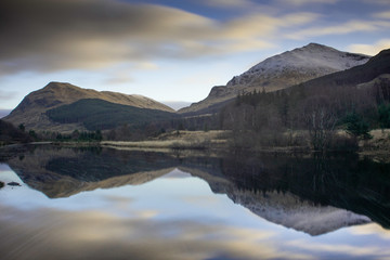 Glen lochy, Highlands, Scotland, UK. reflections in water with mountains.