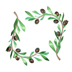 A square frame of two olive branches with dark fruits and green leaves. A symbol of Greek cuisine and culture. Stylized 3D illustration on a white background.