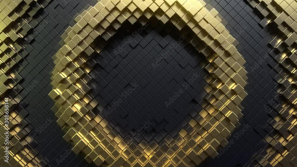 Poster abstract background with black and golden moving cubic surface. geometric concept with radial ripple