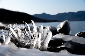自然の作り上げた氷の彫刻。冬の北海道。