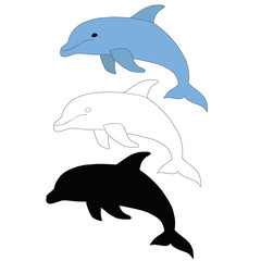 vector, isolated, dolphin, with silhouette and contour