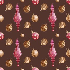 Seamless pattern with watercolor Christmas tree toys. Christmas theme and Christmas theme. For packaging, postcards, cloth, tableware, etc.
