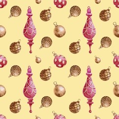 Seamless pattern with watercolor Christmas tree toys. Christmas theme and Christmas theme. For packaging, postcards, cloth, tableware, etc.