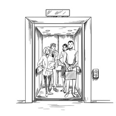 Men and women in the elevator, hand drawn vector