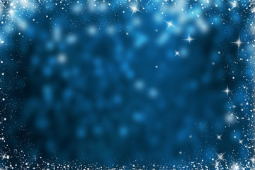 Glitter blue sparkling abstract bokeh defocused background, celebration. Snow pattern frame.