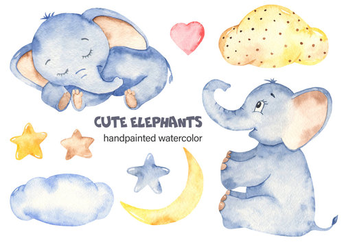 Watercolor cute baby elephants set with clouds, stars, crescent © MarinaErmakova