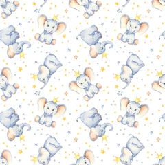 Foto op Plexiglas Olifant Aquarel multidirectioneel naadloos patroon met schattige baby olifanten kroon en sterren