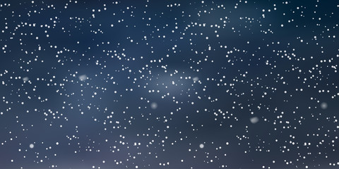 Christmas landscape with falling snowflakes on dark blue sky. Vector