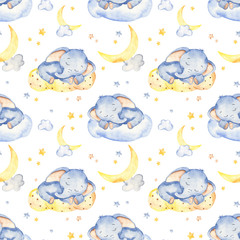 Watercolor seamless pattern with cute baby elephant sleeping on a cloud