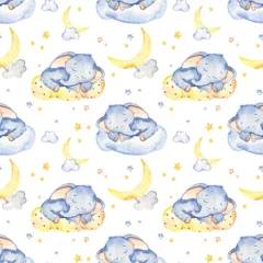 Printed roller blinds Sleeping animals Watercolor seamless pattern with cute baby elephant sleeping on a cloud