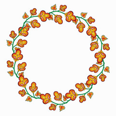 Frame with decorative ornamental flowers, floral pattern in oriental kalamkari style. Floral ornament. Isolated on white background. Can be used for decorating of invitations, cards, albums. Wreath.