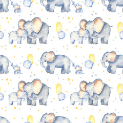 Watercolor seamless pattern with cute elephants for Mother and Father's Day
