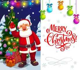 Merry Christmas vector calligraphy greeting, Santa with gifts bag at Xmas tree. Christmas winter holiday poster with snowflakes, balls ornaments and lights decorations