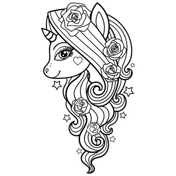Unicorn with roses. Black and white image for coloring. Vector
