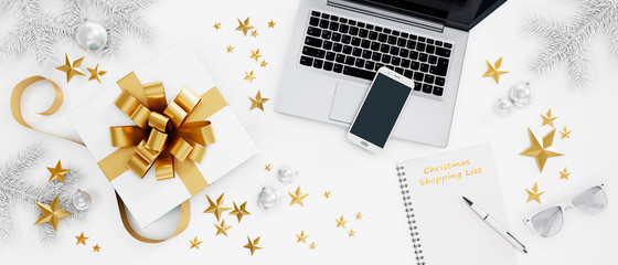 Laptop, smartphone and white gift box with golden bow and stars on white background - 3D illustration