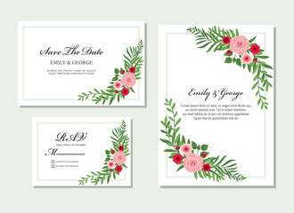 Elegant Wedding invitation, invite, rsvp, save the date card design with flower, wax flowers eucalyptus branches leaves, frame and template set vector.