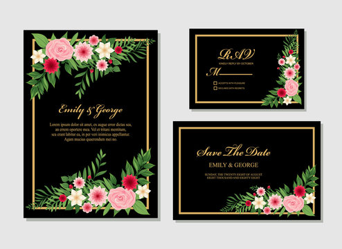 Elegant Wedding invitation, invite, rsvp, save the date card design with flower, wax flowers eucalyptus branches leaves, frame and template set vector.