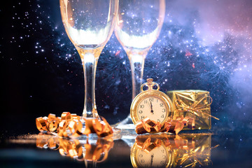 New Year's at midnight - Old clock with holiday lights